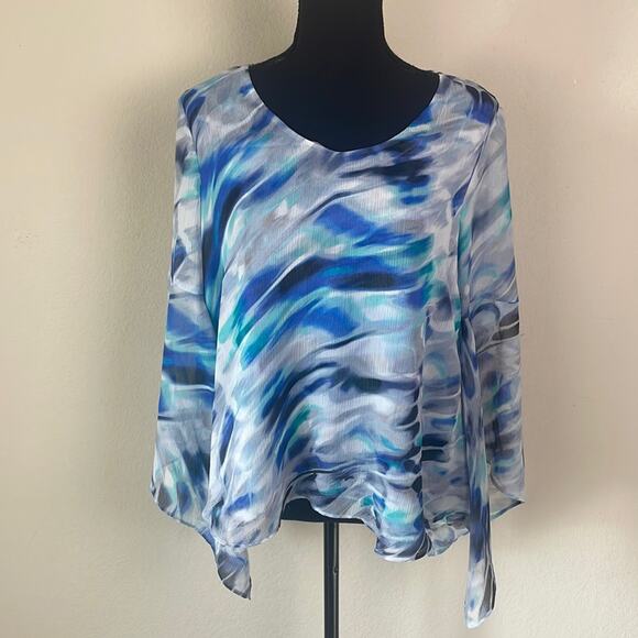 Jennifer Lopez abstract print bell flutter sleeve double layer blouse women’s S - Picture 1 of 13